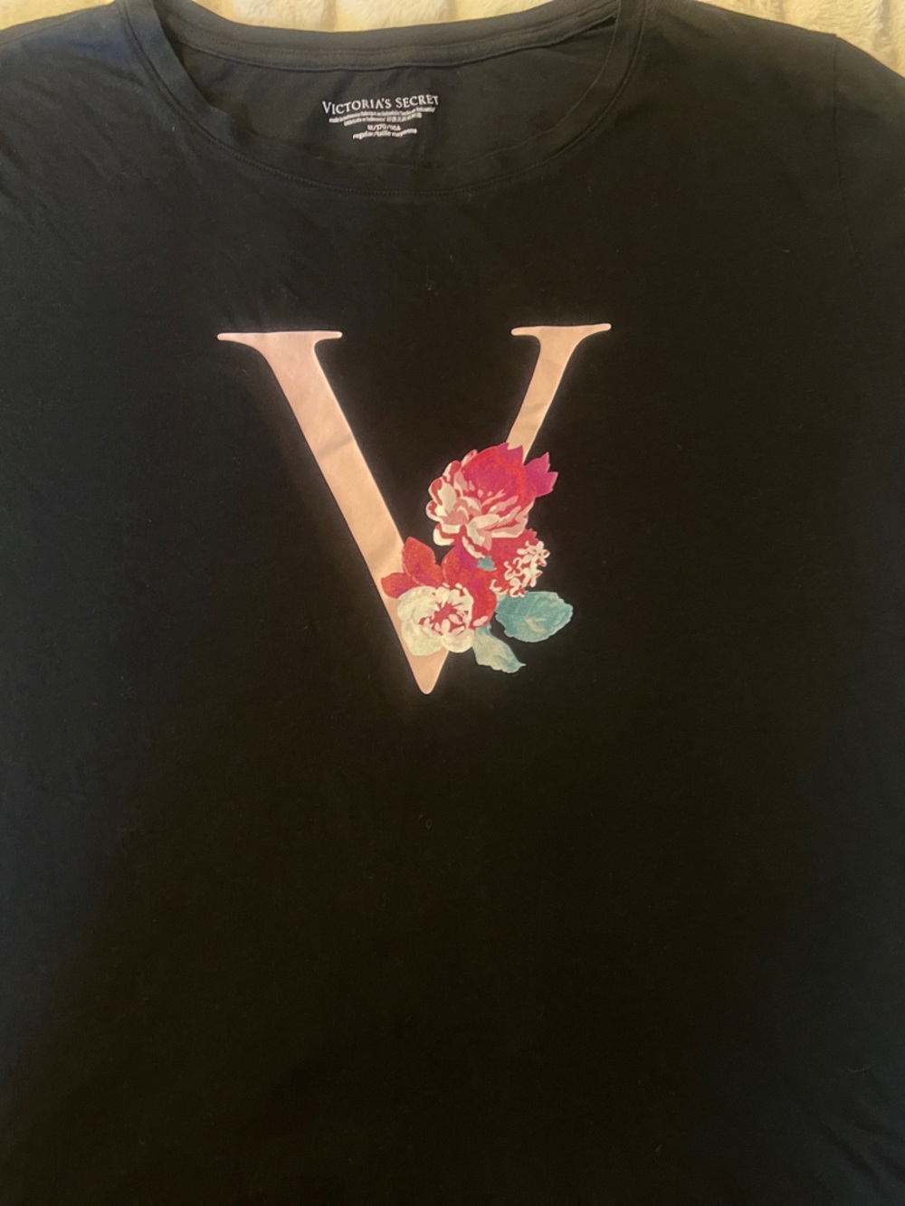 Victoria's Secret Black Tee with Pink Floral 'V' Graphic